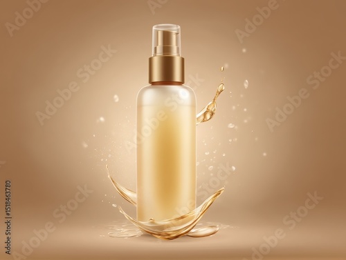 Elegant golden cosmetic bottle with liquid splash effect on a warm background perfect for skincare, beauty products, and cosmetics advertising visuals