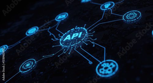 Digital API network diagram with blue connections on dark background  