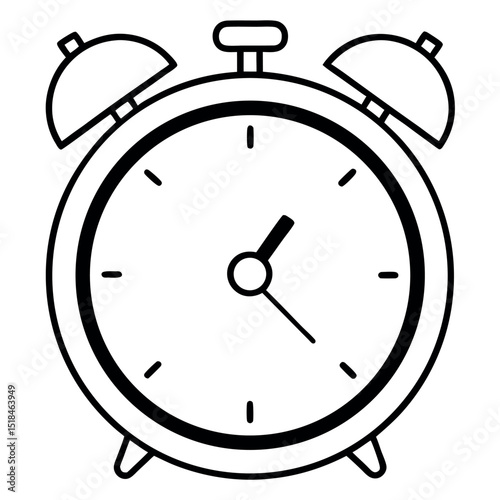 Simple black and white alarm clock illustration indicating time and timeliness concept