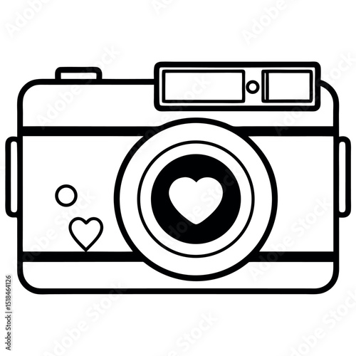 Simple black and white camera vector with a heart symbol inside the lens for romance