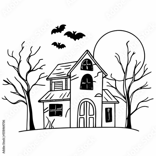 Spooky haunted house with bats and full moon illustration