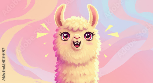 Cartoon llama with excited expression against colorful background  