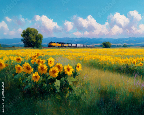 A field of sunflowers and a freight train. Illustration of sunflower field in oil painting style.　　　　
