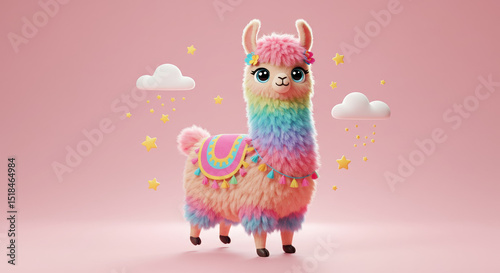 Colorful cartoon llama standing against a pink background with clouds  