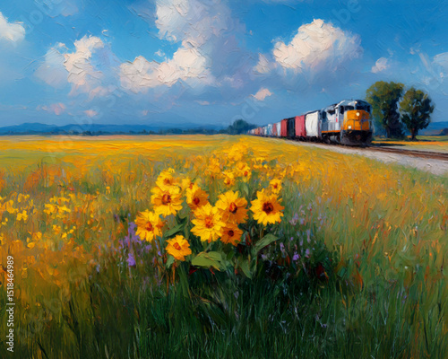 A field of sunflowers and a freight train. Illustration of sunflower field in oil painting style.　　　