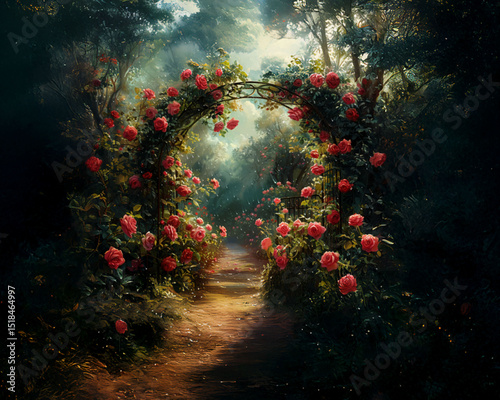 oil painting style illustration of roses in full bloom, rose garden　　　