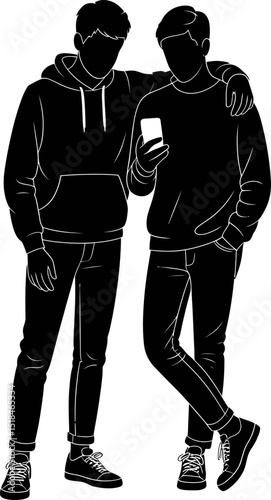 Friendship, Connection, and Modern Technology Two Friends Sharing a Smartphone Silhouette