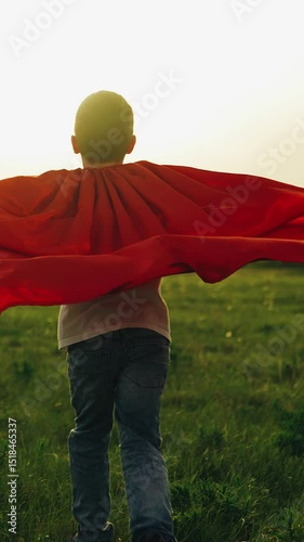 boy son child superhero game running park field sunset grass victory red cloak fancy dress, victory pose outdoors, makeshift cape boy, pretend play sunset, young masquerade outfit, boy superhero