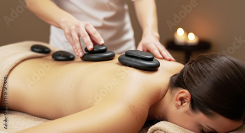 Spa therapist performing hot stone massage on woman in tranquil setting  