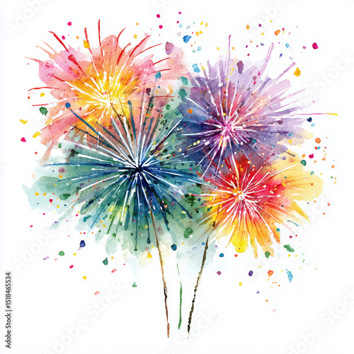 Colorful Fireworks Watercolor Painting , PNG isolated cut out image
