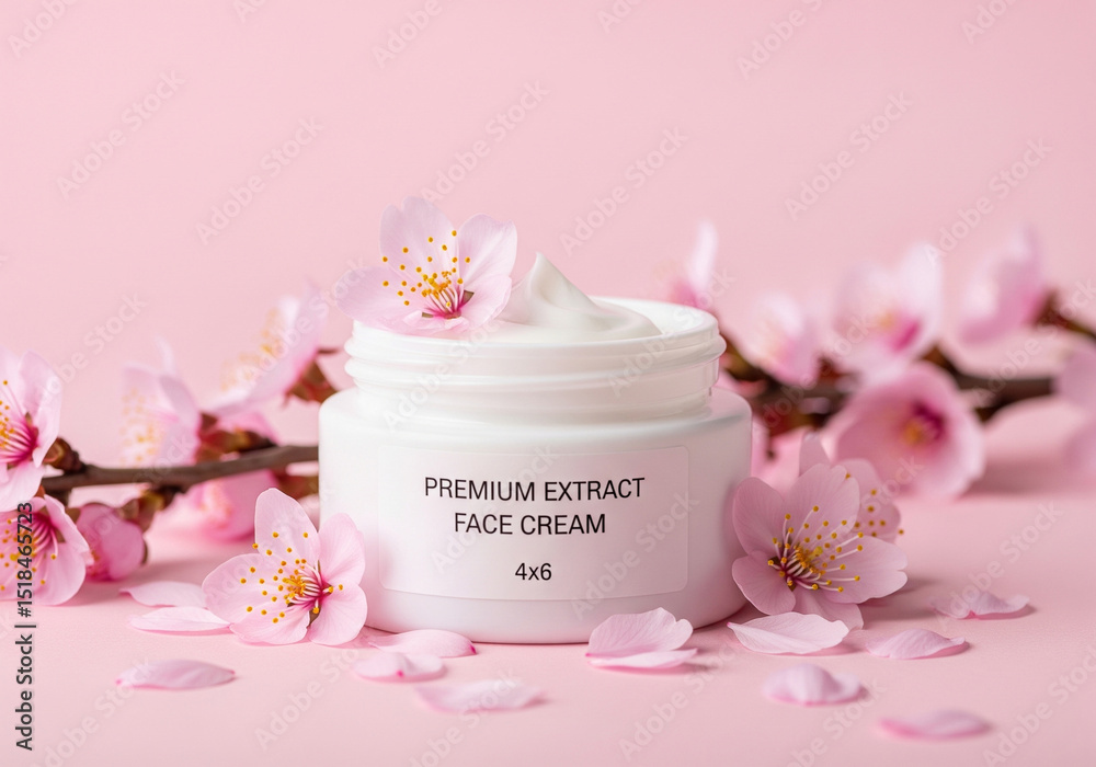 A white jar of luxurious cream and a small bottle of essence oil, adorned with delicate pink cherry blossoms and petals, are beautifully arranged on a soft pink background. A white jar of luxurious cream and a small bottle of essence oil, adorned with delicate pink cherry blossoms and petals, are beautifully arranged on a soft pink background.