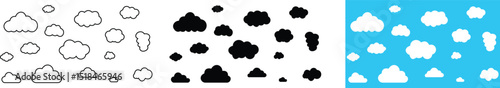 Clouds large and small icon set. Blue sky clouds vector collection isolated on transparent light blue background. Cartoon weather illustration. Fluffy nature environment symbol for web and app.
