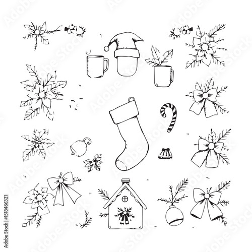 Hand drawn christmas elements black and white