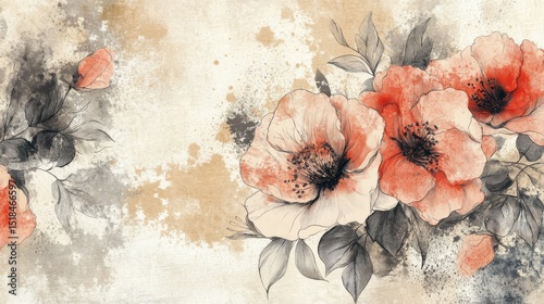 Abstract spring season floral Background. Warm tone blossom wallpaper design with wild flowers, blooms and leaves. Line art and watercolor texture perfect for banner, prints, wall art, decoration. il