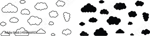 Clouds large and small icon set. Blue sky clouds vector collection isolated on transparent light blue background. Cartoon weather illustration. Fluffy nature environment symbol for web and app.