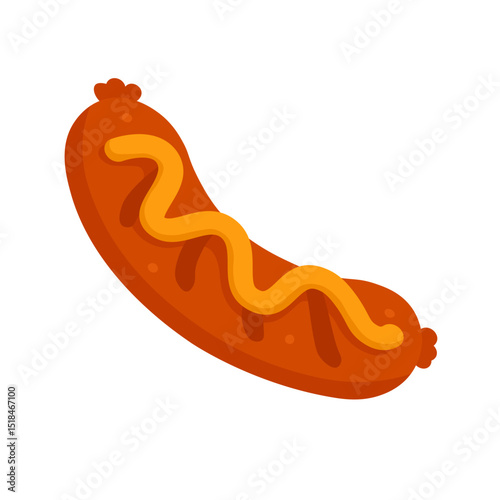 Vector illustration of grilled sausage with mustard topping, cartoon flat style, isolated.
