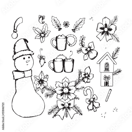 Hand drawn christmas elements black and white