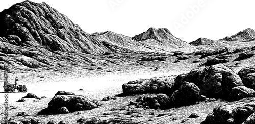 Engraved illustration of mars terrain with rover and rocky landscape scene