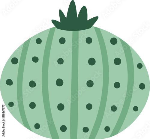 Round green cactus showcasing dark green stripes and dots, thriving in the desert with its thick skin, perfectly adapted for surviving harsh drought conditions