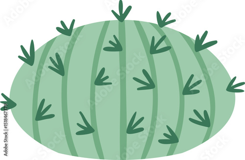 Simple vector illustration featuring a round green cactus adorned with thorns, highlighting the resilience of desert flora and its remarkable adaptation to arid environments
