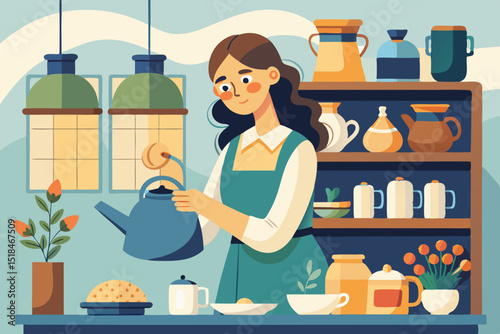 Woman brewing tea in a ceramic teapot in a rustic kitchen with wooden shelves