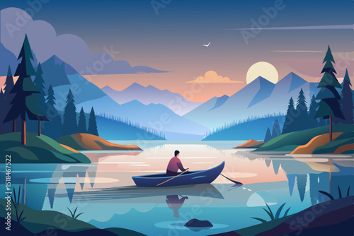 Man in a boat on a lake at dawn, mist over the water, still surface, complete silence