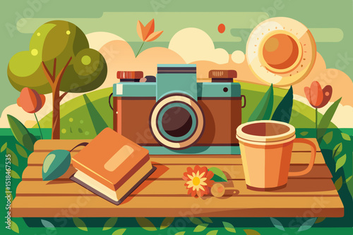 Vintage camera and photo album on a wooden bench in a garden, sunlight spots on the pages