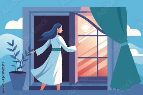  A woman in a light robe opens the window in the early morning, breeze fluttering curtains