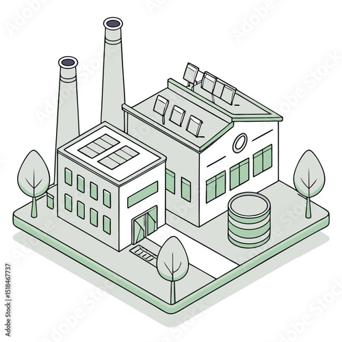 Isometric view of modern industrial factory with solar panels and chimneys on a light green background