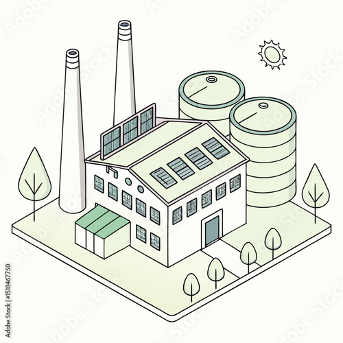 Modern industrial factory building with solar panels chimneys storage tanks and surrounding trees illustration