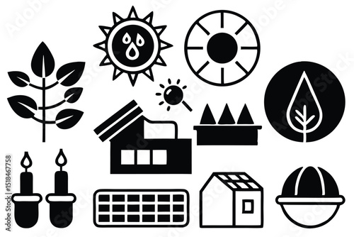 Eco nature icons set: vector sun, tree, house, earth symbols, and silhouette illustrations