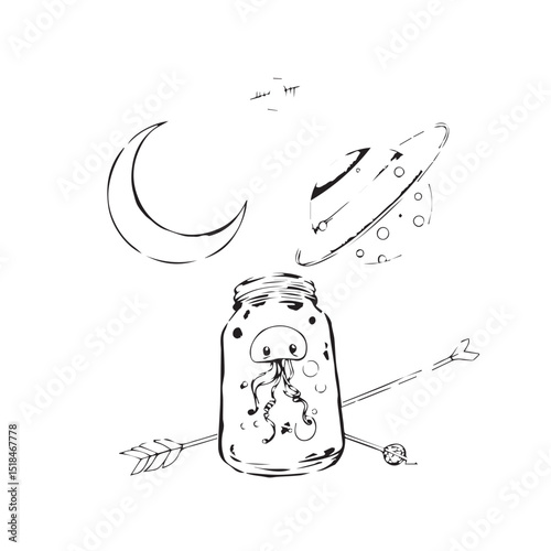 Cute jellyfish in a jar with moon and planet