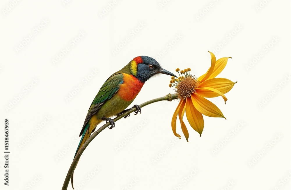 Fototapeta premium Colorful Hummingbird Hovering and Feeding on Flower – Isolated on White, AI Generated