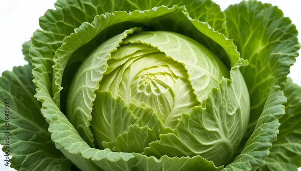 Сlose-up of fresh green cabbage head with crisp leaves, isolated on white background, studio lighting Сlose-up of fresh green cabbage head with crisp leaves, isolated on white background, studio lighting