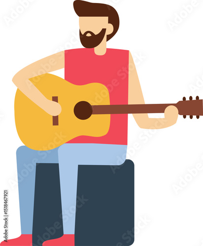Bearded guitarist sitting on a stool, passionately playing an acoustic guitar and creating vibrant melodies in a colorful, minimalist style that captures the essence of music and creativity