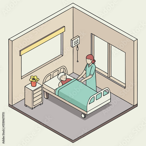 Isometric illustration of a nurse attending to a patient resting in a hospital bed in a medical environment