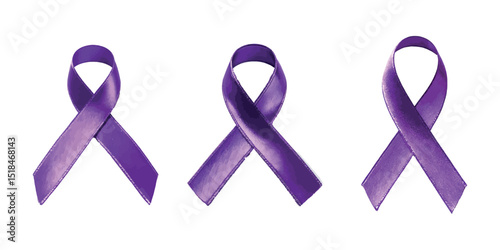 Three purple awareness ribbons isolated on white background