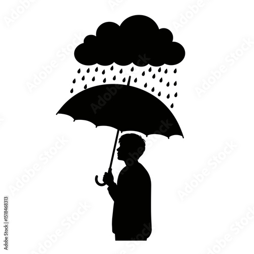 Silhouette of a man holding an umbrella under a rain cloud for mental health  