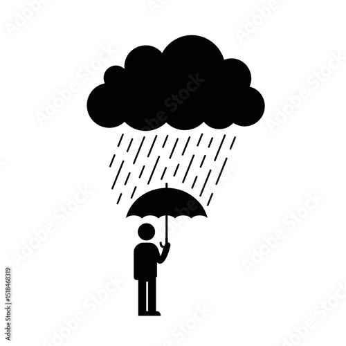 Abstract figure holding umbrella under dark cloud and rain  