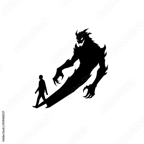 Silhouette of a man walking with a dark figure representing fear  