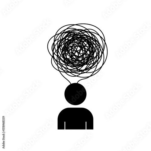 Black silhouette of person with tangled thoughts representing mental health  