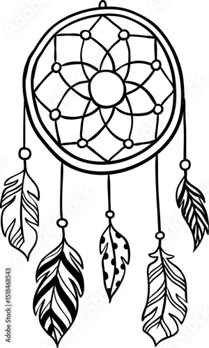 Hand drawn dreamcatcher with beads and feathers hanging, protecting a sleeping person from bad dreams and nightmares, ensuring a peaceful night sleep