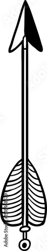 Simple black and white line art drawing of an upward pointing arrow with striped fletching and nocked end, isolated on white background, suitable for various design purposes