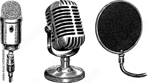 Vintage microphone and cable set engraved illustration for music design and decor