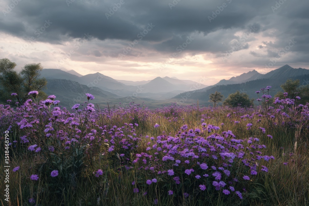 Obraz premium Purple flowers field with mountains on white background
