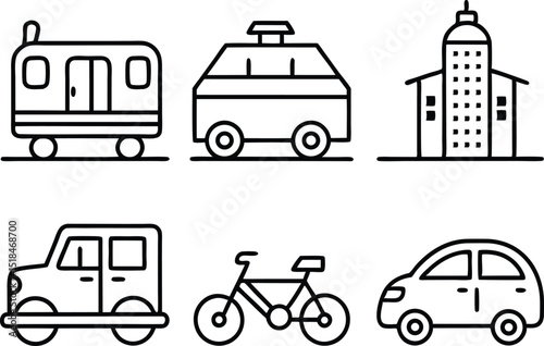 A diverse vector set of cartoon transportation icons including cars, trucks, buses, taxis, trains, and vans, perfect for illustrating travel and traffic on the road