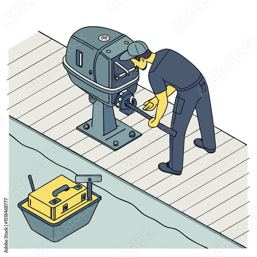 Mechanic repairing an outboard motor on a dock with tools and accessories showing repair work illustration.