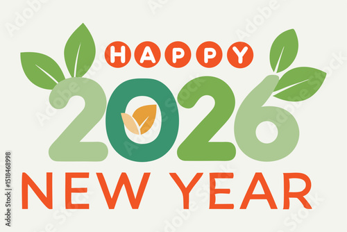 Happy New Year 2026 Eco-Friendly Nature Theme Design with Minimal Green Elements on White Background.
