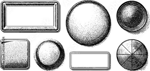 Vintage engraved illustrations of modal windows and closure designs for artistic projects