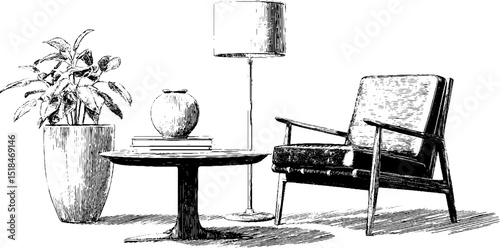 Elegant modern coffee table and armchair in stylish engraved illustration design for interior decor
